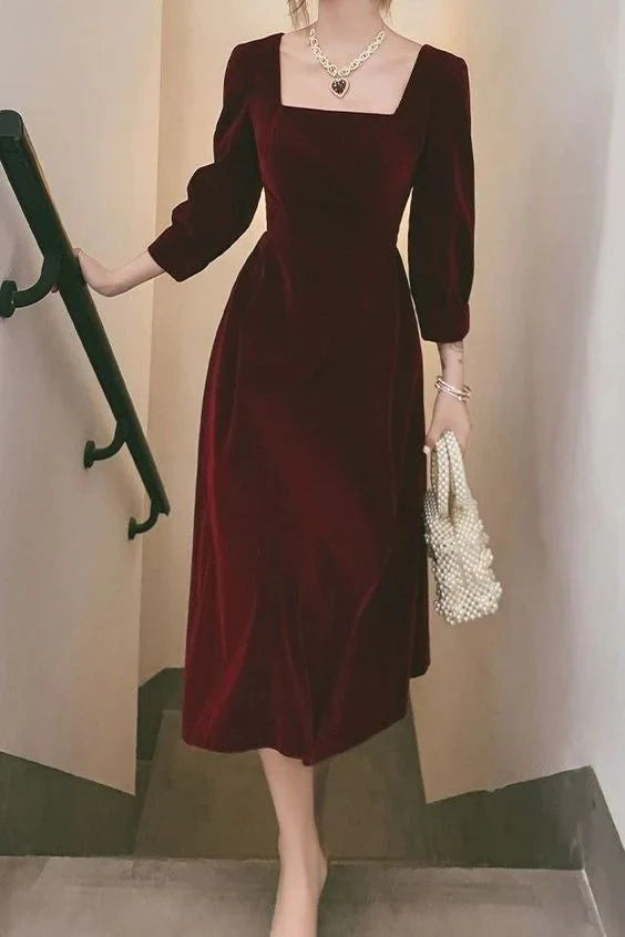 Weitese Formal Women's Dresses Square Necking Burgundy Velvet Prom Dresses A Line Long Sleeves Dress Prom Dresses Stores